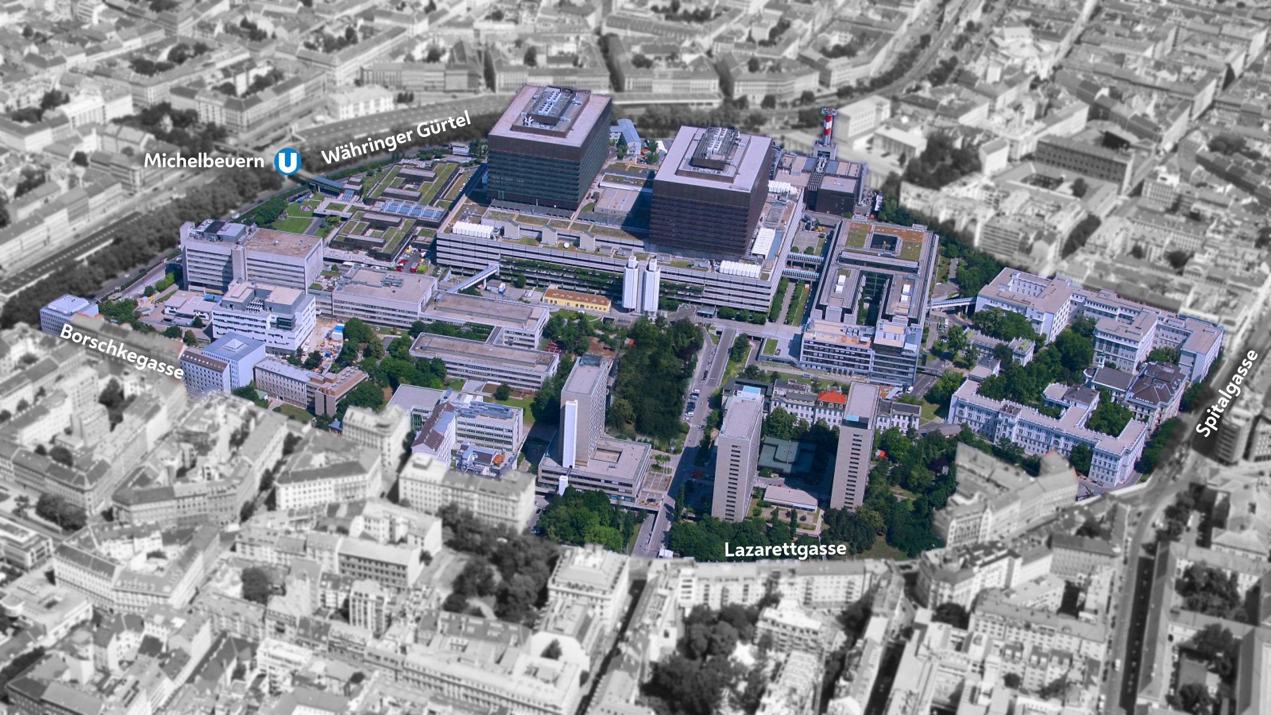 Karte aus der Luftperspektive des AKH-Geländes